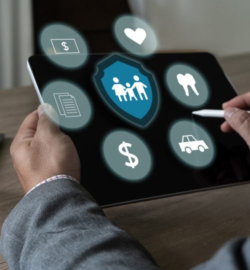 Businessman insurance including family health real estate car and financial protective Family life insurance